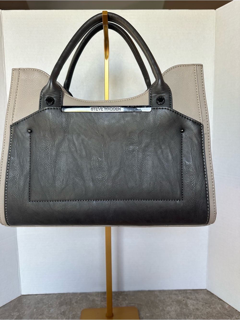 STEVE MADDEN Colorblock Structured Satchel Crossbody Bag Gray Cream Gunmetal